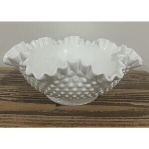 Vintage MCM Fenton Hobnail White Milk Glass With Ruffle Edge Large 11.5” Bowl